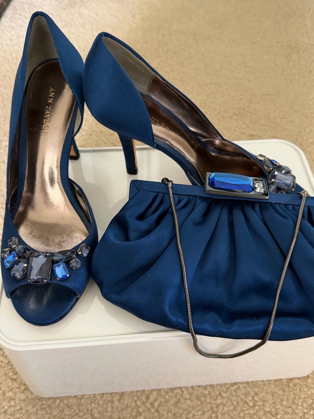 Ann Taylor Blue Satin Jeweled Peep-Toe Heels with Matching Clutch